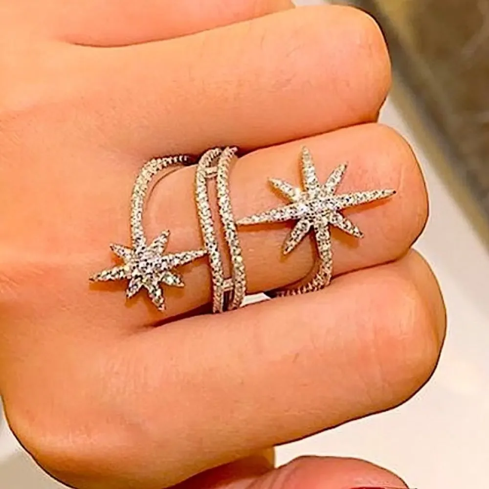 Silver Double Star Zircon Ring Celestial Moon